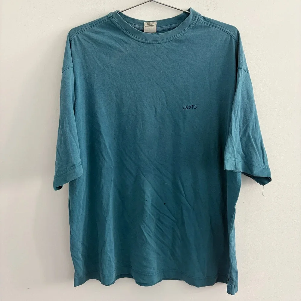 Vintage Levis Authentic Jeanswear Mens Large Teal Blue Embroidered T-Shirt